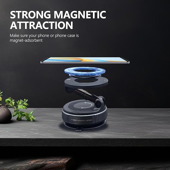 YHNNH Vacuum Magnetic Phone Holder for Car, 360° Foldable Phone Mount with Strong Suction, Magnetic Car Phone Holder Compatible with iPhone 12-16 Series & Android (Black)