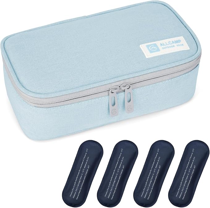 ALLCAMP Insulin Cooler Travel Case - Large Medical Bag with 4 Reusable Ice Packs, Compact & Lightweight Design for Insulin Pens, Diabetic Supplies Storage - Great for Daily Use and Travel (Light Blue)