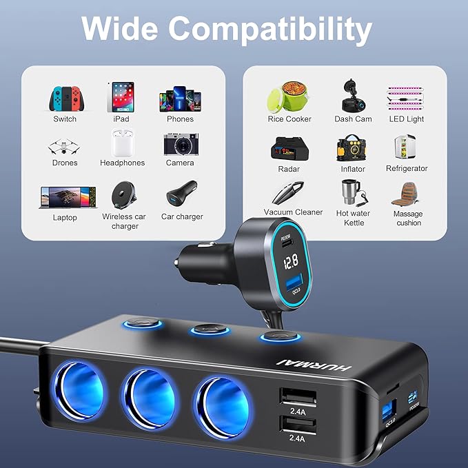 9 in 1 Cigarette Lighter Splitter,264W 3 Socket Car Cigarette Lighter Adapter,Type-C QC3.0 PD 30W Charging,Heavy Duty Truck Car USB Chager Multi Plug Outlet 12V/24V Independent Switches,LED Voltmeter