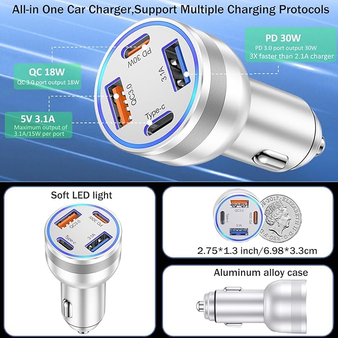 65W iPhone 17/16 Pro Max USB C Car Charger, 4-Port USB-C&USB-A Car Charger Adapter Fast Charging USB C Cigarette Lighter Adapter+6FT Braided Type C Cable for iPhone 17/16/15 Pro Max,iPad