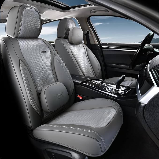 Coverado Seat Covers, Car Seat Covers Front Seats, Waterproof Nappa Leather Auto Seat Cover with Lumbar Head Pillow, Gray Seat Covers Carseat Cover Universal Fit for Most Cars