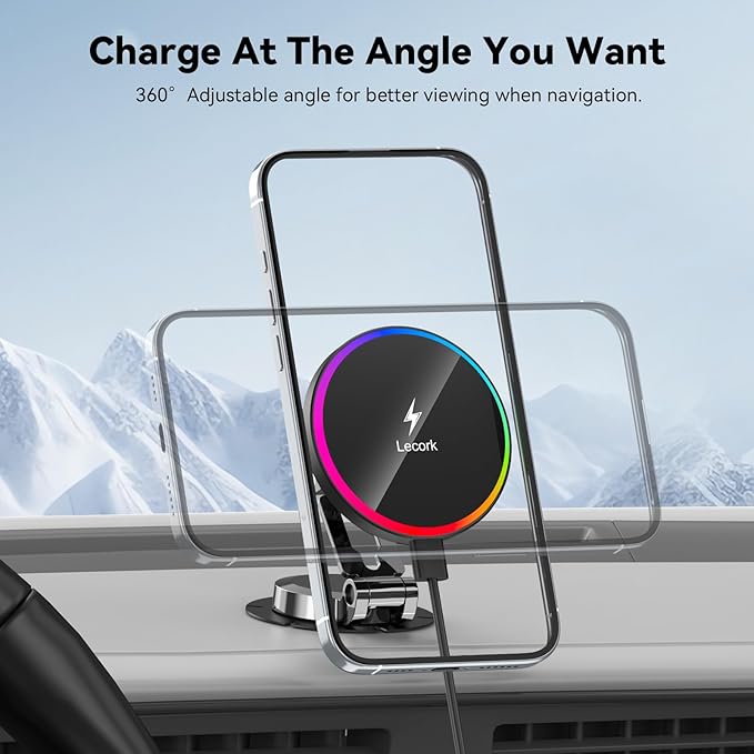 Lecork for Magsafe Car Mount Charger, 15W Magnetic Wireles Car Charger for iPhone 17 pro max 14 15 16 Series, Stick On Dashboard Phone Holder for Samsung S26 Ultra, Zinc Alloy Shell, Black