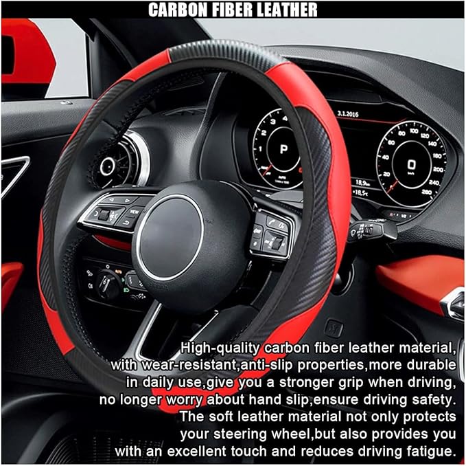 Car Steering Wheel Cover, 15 Inch Carbon Fiber Leather Elastic Steering Wheel Protector, Anti-Slip, Breathable & Soft Car Interior Accessories Universal for Most Cars, Men & Women (Red)