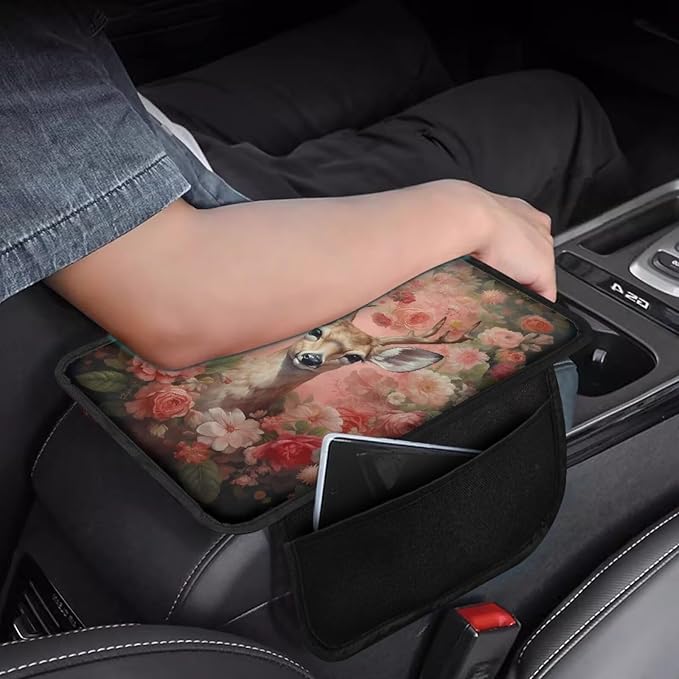 Deer and Floral Print Car Armrest Cover Comfortable Car Armrest Storage Box Mat Wear-Resistan Car Armrest Cover Cushion Car Interior Accessories Protector