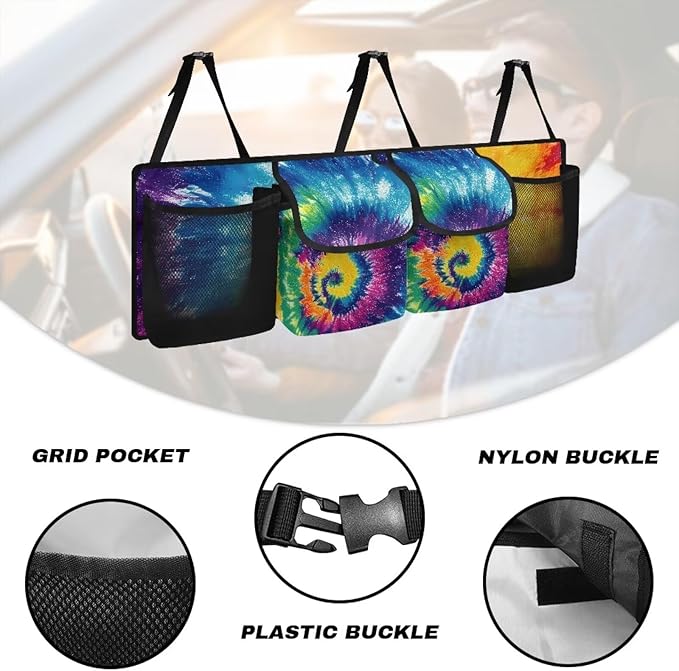 Rainbow Tie Dye Print Large Capacity Trunk Organizer Car Hanging Cargo Storage Bag, 4 Compartments, Multi-color