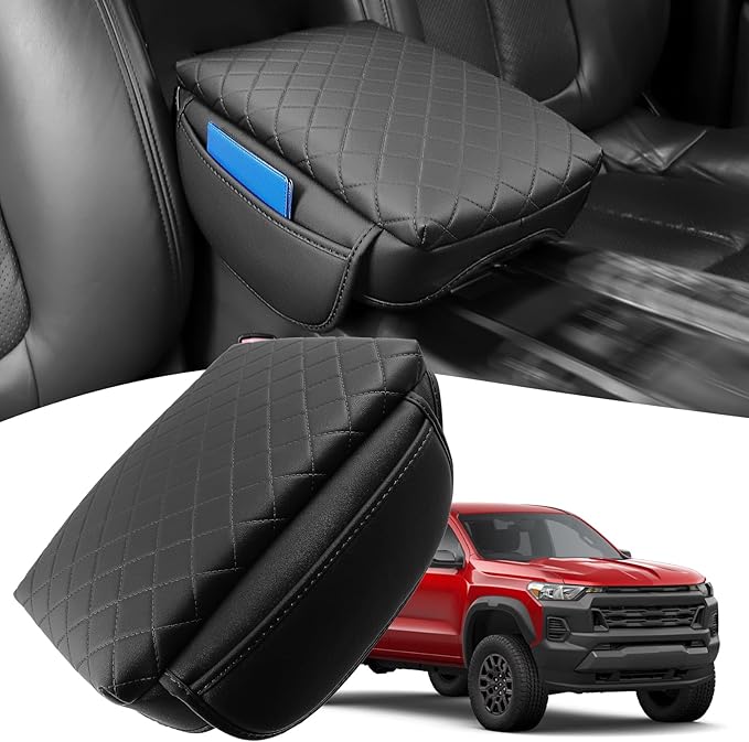 Center Console Cover for Chevy Colorado/GMC Canyon 2023 2024 2025 2026 PU Leather Armrest Cushion Pad with Side Pocket Middle Console Lid Protector Colorado Interior Accessories (Colorado 23-26 pad)