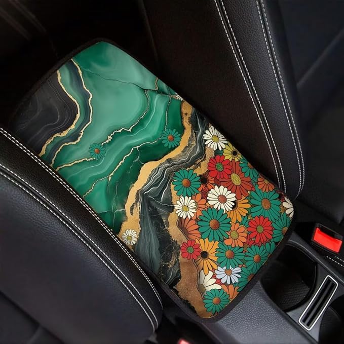 Coldinair Teal Marble Universal Car Center Console Pad Flower Soft Armrest Protector Cover Fit for Most Vehicle,SUV,Truck,Car Interior Accessories Decor