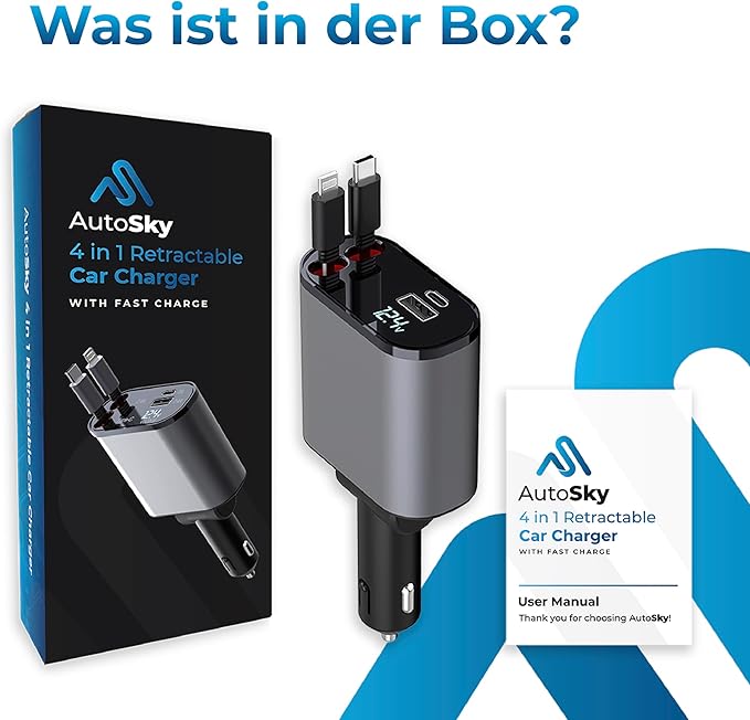 AutoSky 4-in-1 Retractable Fast Charger, for Cars: 100W Car USB-C & iPhone Cable, USB-C/A Ports - Compatible with iPhone, Galaxy, Pixel and More.