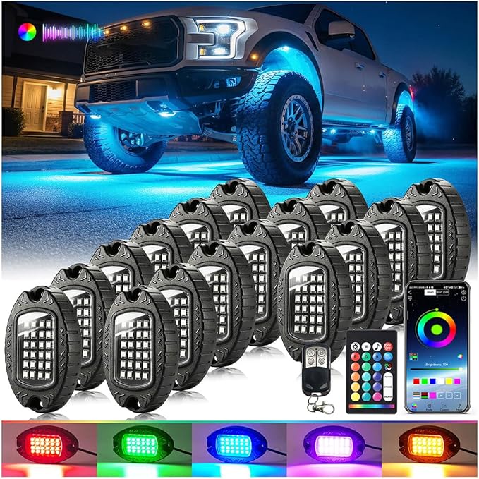 16Pods Heavy Duty Aluminum RGB LED Rock Lights for Trucks Pickup Jeep Gladiator Off-Road with APP/RF Remote, Segmented IP67 Waterproof Multicolor Underglow Accent Light 12V Plug and Play&Pre Wired