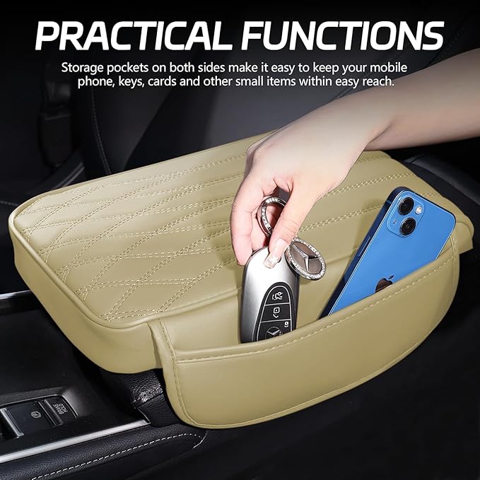 wuyaoyao Car Center Console Cover, Leather Car Armrest Box Cover, 12.40"×8.46"×1.97" Arm Rest Pad with Pockets, Soft Auto Armrest Storage Box Protector, Universal Interior Car Accessories (Beige)