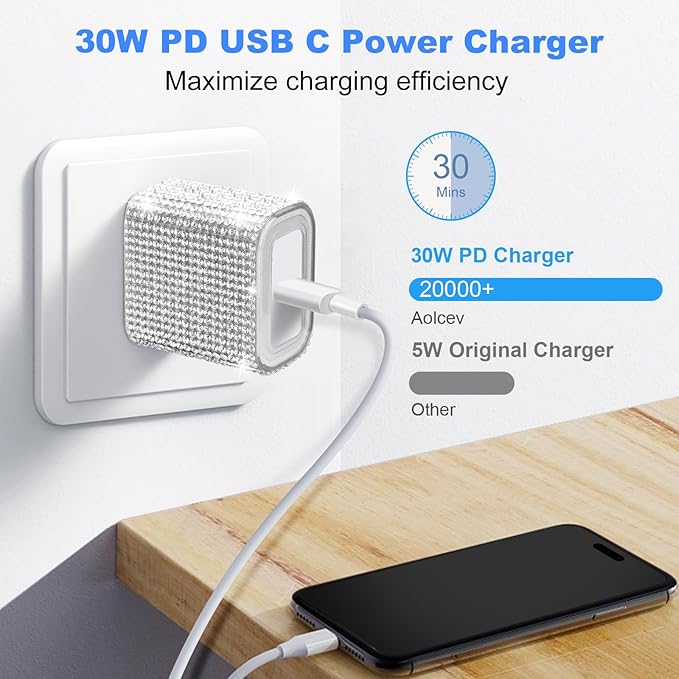 Aolcev for iPhone Charger Fast Charging Bling USB C Charging Block 30W Rhinestones Type C Charger Blocks for iPhone 17 16 15 14 13 12 iPad Bling Fast USB C Adapter for Samsung S26 S25 S24 S23 Sliver