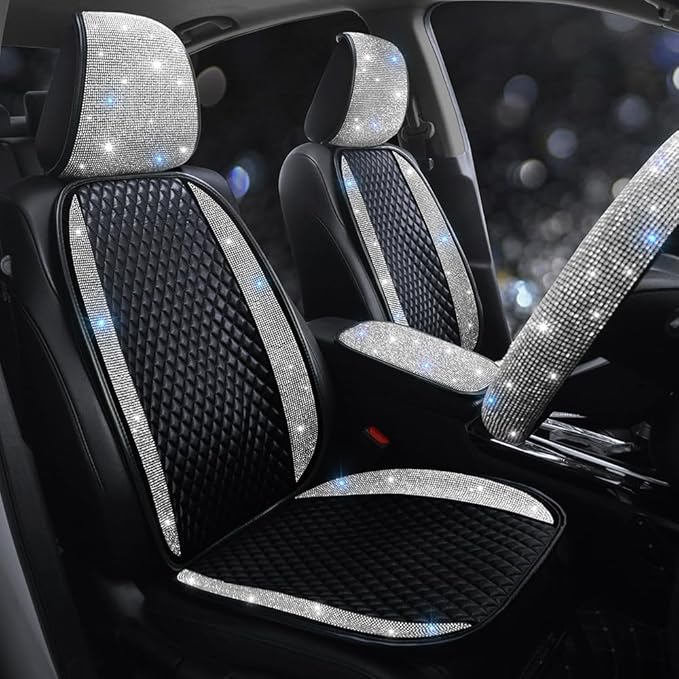 Luxury PU Leather Car Seat Cover Protector Bling Rhinestones Diamond Front Car Seat Protector Pad for Girls Women or Ladies Auto Sparkling Crystal Universal Interior Accessories White 1 Seat