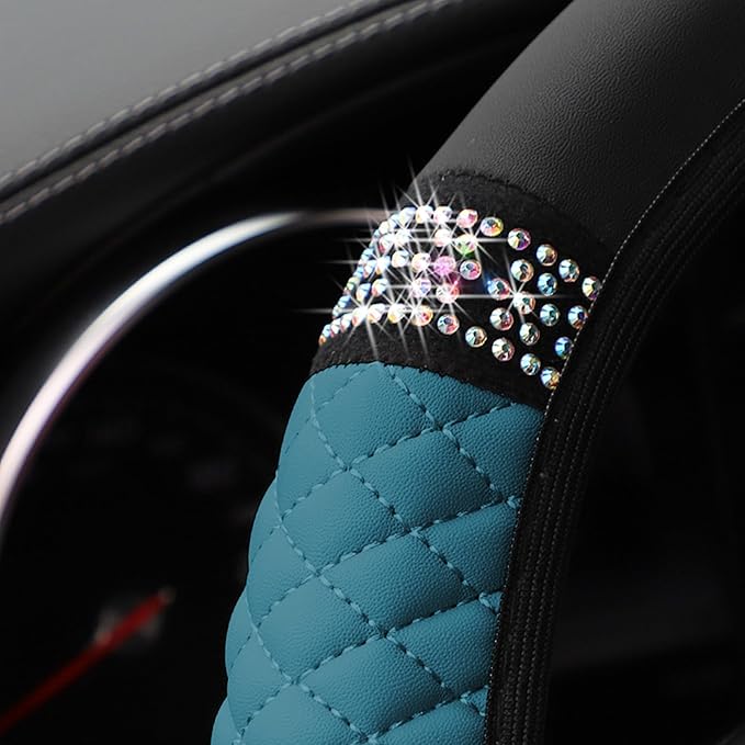 Bling Car Steering Wheel Cover, 15 Inch Rhinestones Soft Leather Elastic Steering Wheel Protector, Sparkly Crystal Diamond for Women Girls, Car Interior Accessories for Most Cars (Dark Green)