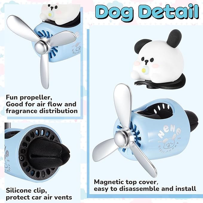 Tallew Car Air Freshener Cute Dog Car Vent Clip Diffuser with Rotating Propeller Outlet Vent 2.5" x 2.4" x 2.1" Easy to Install Included 2 Scents Aroma Tablets Aromatherapy Ornament Auto Accessories