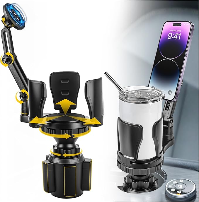 Frani Car Cup Holder Expander with Magnetic Phone Mount - Adjustable Insert Fits 2.68-4.33" Holders, 360° Adjustable Neck & Strong N52 Magnets for iPhone Samsung