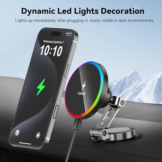 Lecork for Magsafe Car Mount, 15W Magnetic Wireless Charger for iPhone, Magsafe Air Vent Car Holder Charger for iPhone 17 Pro Max/16/15/14 13 12, Samsung S25/S25+/Ultra, RGB LED Design