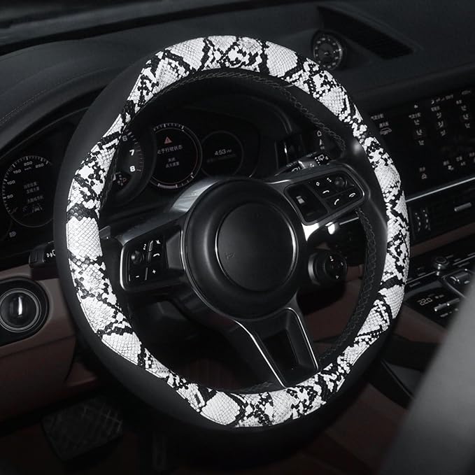 ZHOL Snake Skin Steering Wheel Cover, Breathable Microfiber Leather Universal 14.5-15 inch, Anti-Slip Car Steering Wheel Protector for Women Men, Black&White