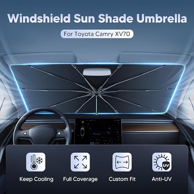 Autorder Windshield Sun Shade Umbrella for 2018-2024 Toyota Camry Accessories,Upgraded Ice Crystal Material,Easy Setup Umbrella Sunshade for Car Windshield,100% Sun Blocking