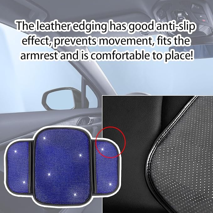 Bling Car Center Console Cover, Crystal Rhinestone Vehicle Armrest Cover Cushion with 2 Storage Bags for Women Girls, Diamond Auto Storage Box Protector Pad, Universal Fit (Blue)