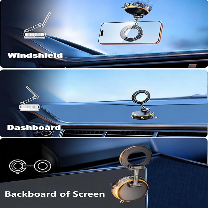 Magnetic Car Phone Holder, 360° Adjustable Vacuum Dashboard and Windshield Mount Cell Phone Holders for Your Car, Carbon Fiber 108+LBS Nano Gel Suction Cup, iPhone, Samsung (Black)
