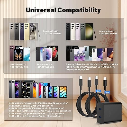 45W Dual Port Super Fast Charger with Long USB C to C Cable 10ft,Type C Wall Charger Block and Android Phone Charging Cord for Samsung Galaxy S26 Plus/S25 Ultra/S25+/S24+/S23+/S22+/S21/S20/Note 20/10+