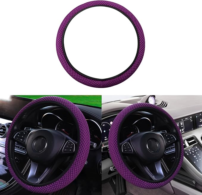 Elastic Stretch Car Steering Wheel Cover, Comfortable Steering Wheel Cover Universal for 14.5-15 Inch, Warm in Winter & Cool in Summer, Anti-Slip Breathable Ice Silk (Purple)