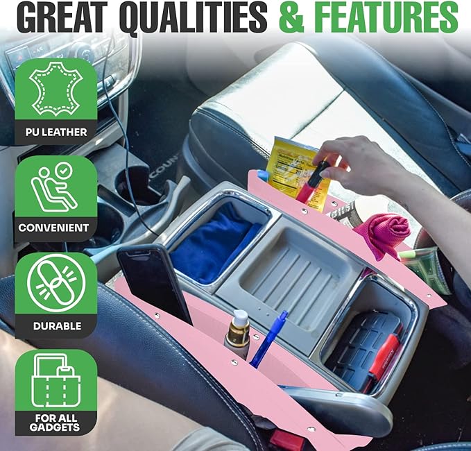 lebogner Between Car Seat Gap Filler Organizer, 2 Pack PU Leather Side of Center Console Car Pocket for Phone, Coins and Keys, Multifunction Crevice Caddy Catcher, Vehicle Interior Accessories, Pink