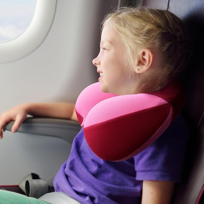 COOLBEBE Kids Travel Neck Pillow, Softly Headrest Travel Pillow for Car & Airplane, Traveling Gifts for Toddler & Children (1, Raspberry Powder)