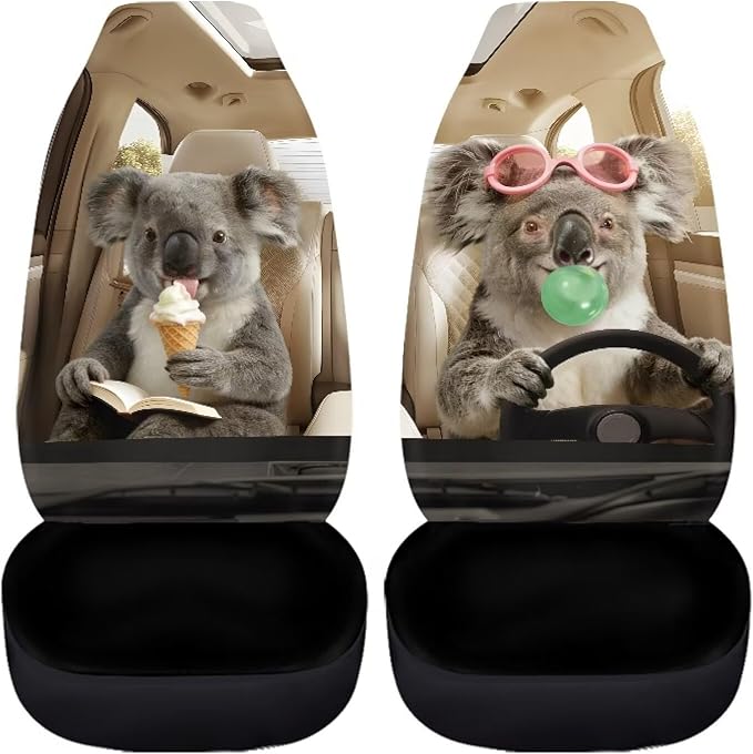 Koala Front Car Seat Cover Nonslip Funny Auto Interior Accessories 2 Pcs Set Stretch Polyester Fabric Cover All-Season Protection Suitable for Most Cars,SUV,Sedan