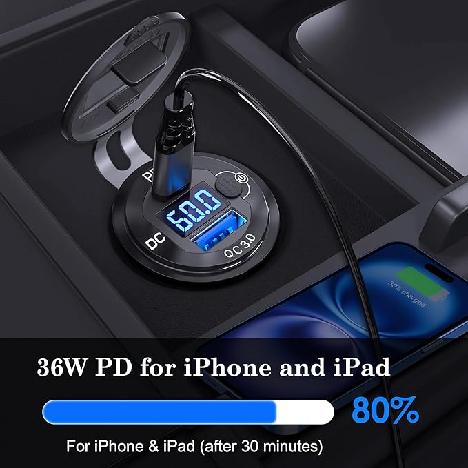 9V-60V USB Charger, 12V 24V 36V 48V 60V USB Outlet Aluminum Car Socket, PD 36W and QC 18W Car Port Outlet Waterproof Cigarette Lighter Replacement DIY Kit with Power Switch for Boat Golf Cart, etc.