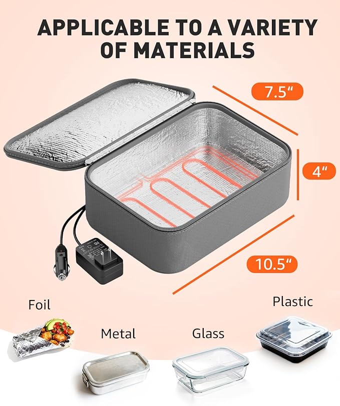 Portable Food Warmer - Heated Lunch Box for Adluts - Electric Thermal Lunch Bag with Buckle Handle, Heating Food Warmer Bags for 12V/24V Car & Truck, 110V/220V Home/Office, Gray