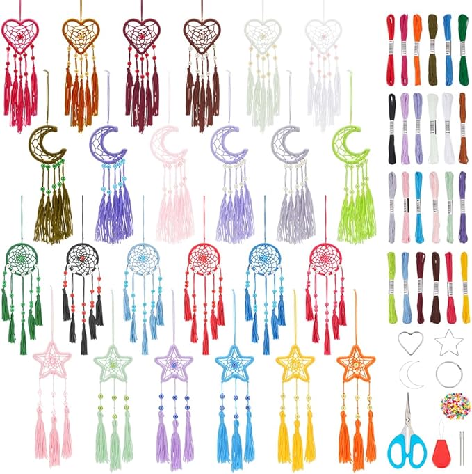 INFUNLY 24PCS DIY Small Dream Catcher Kits for Beginners Colorful Handmade Dreamcatcher Kit for Starters DIY Mini Star/Moon/Heart/Round Shape Ornament Making Kit for Bedroom Car Mirror Keychain Bag