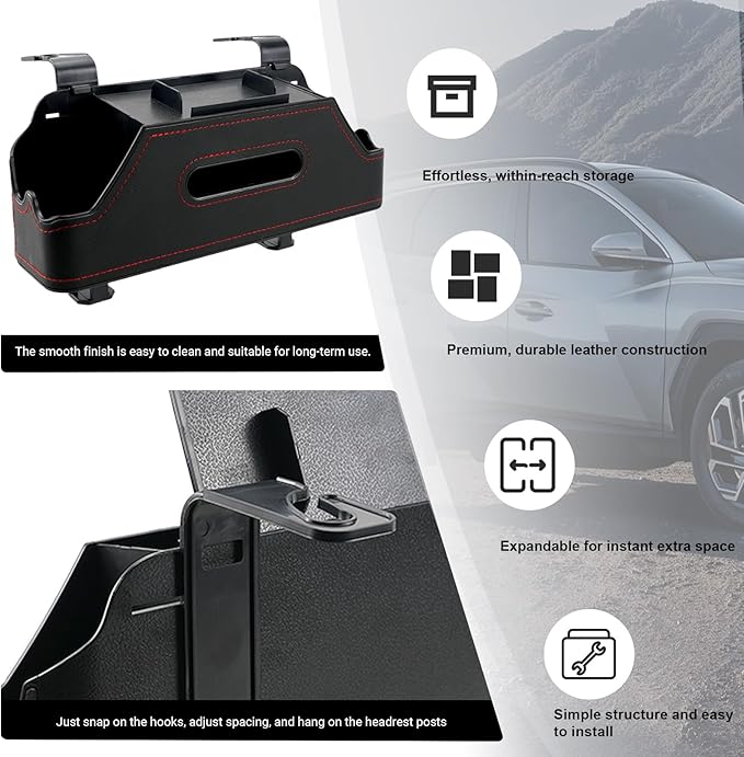 Sporacingrts 2 Pack Black Car Seat Back Organizer with Cup Holders, Tissue Box, Hooks, Phone Slot, PU Leather Storage Box for Backseat, Universal Fit for Cars SUVs Trucks