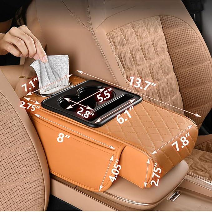 Car Armrest Cushion for SUV with Cup Holder 2.75" Height,5-in-1 Center Console Cover with 2 Storage Bags, Tissue Box Slot, Phone Slot for Sedans, Car Accessories Interior Organizers (Beige)