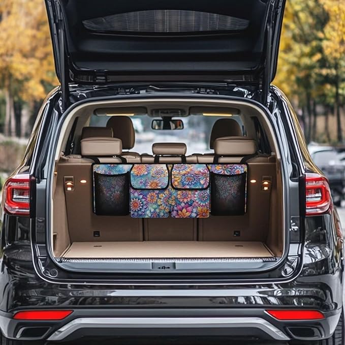 Car Trunk Organizer Boho Mandala Floral Flowers Back Seat Car Organizer with Adjustable Straps for Women Car Backseat Trunk Organizer