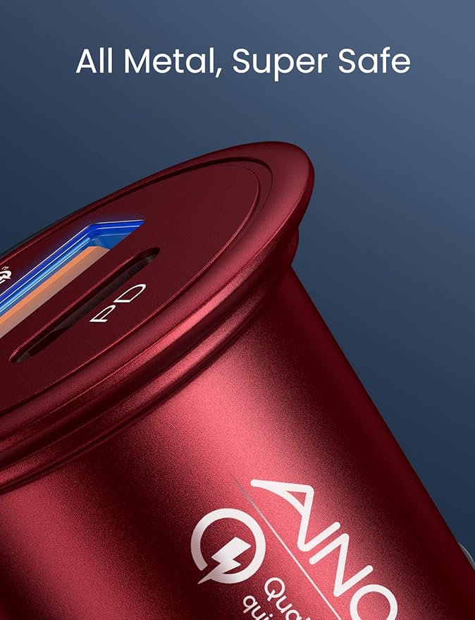 AINOPE USB C Car Charger Super Mini All Metal 54W Fast USB Car Charger PD&QC 3.0 Dual Port Car Adapter Compatible with iPhone 15 Pro Max 14 13 12 11 Pro Max XR XS Max 8 Galaxy S21/20-Red