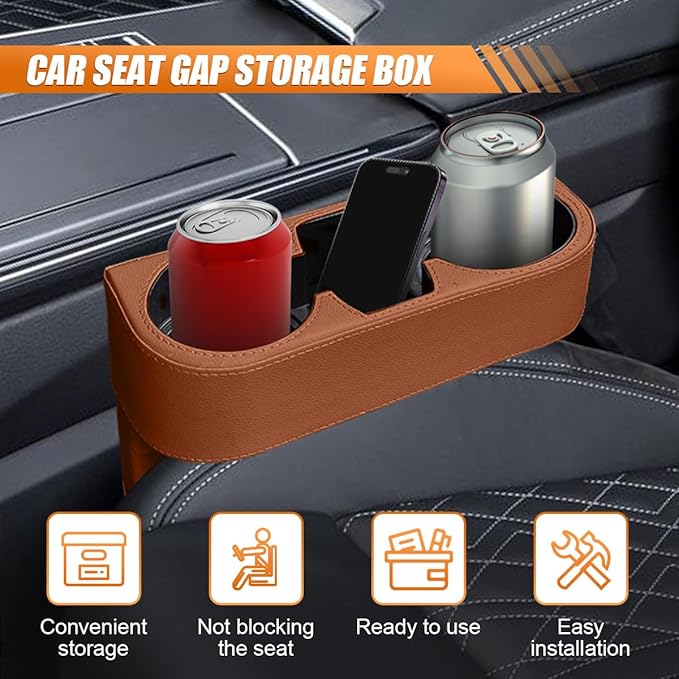 Car Cup Holder, PU Leather Car Seat Gap Filler Organizer Cup Drink Holder, Multifunctional Coin Bucket Cell Mobile Phone Holders, Auto Front Console Storage Box for Most Cars (Brown)