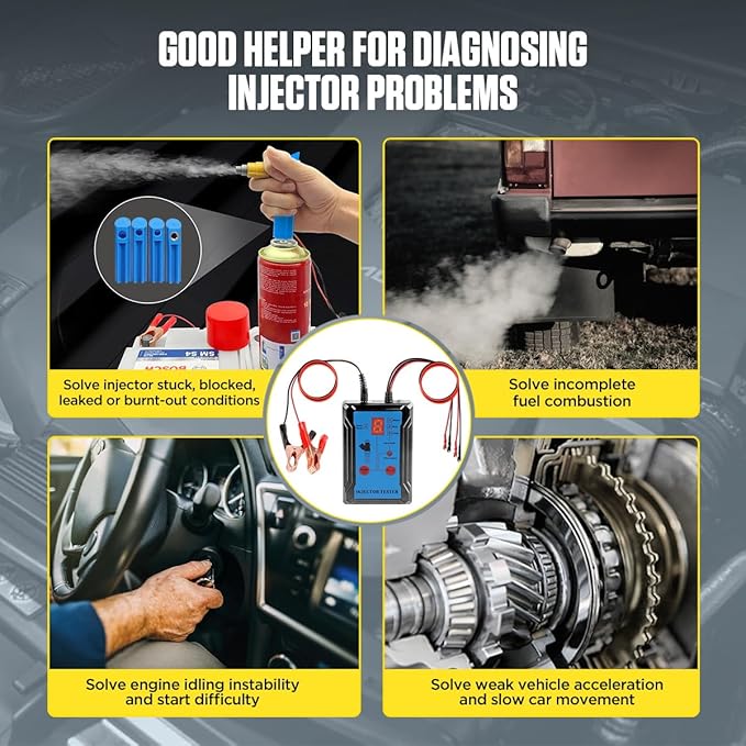 Fuel Injector Tester Cleaner Tool Kit 8 Pulse Modes Injector Tester 2 Fuel Injector Test Simultaneously DIY Cleaning Tools with 40in Power Cord,4 Injector Cleaner Adapters,Short Circuit Protection 12V