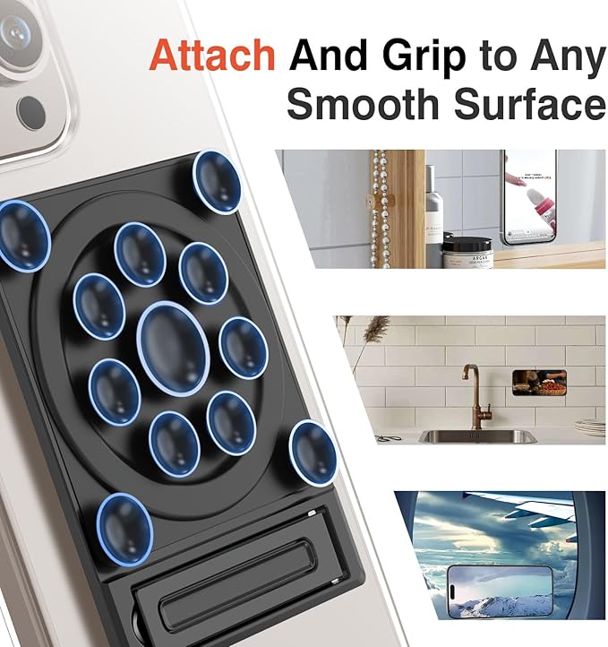 SEMBO Silicone Suction Phone Case Adhesive Sticky Grip Stand with Mag-Back for MagSafe Car/Wall Mounts, Strong Magnetic Holder for Fridge, Gym Equipment, Shower, Hands-Free Selfie (Black, Adhesive)
