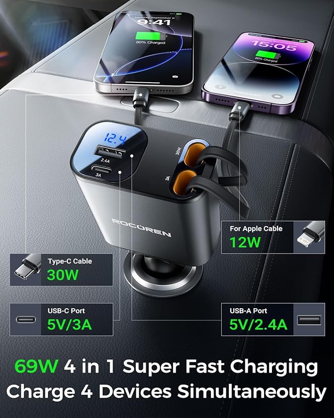 Retractable Car Charger for iPhone 17,Rocoren 4 in 1 USB C Car Charger with Dual Cord,69W Fast Charging Cigarette Lighter Adapter,Road Trip Essentials,Car Accessories Gifts for iPhone 16/15/14,Galaxy
