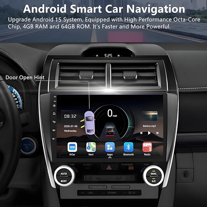 Car Radio for Toyota Camry 2012-2014: 8-Core 4GB+64GB Android 15 Stereo Replacement with Wireless CarPlay Android Auto - 10.2 inch Touchscreen Head Unit with GPS Bluetooth WiFi