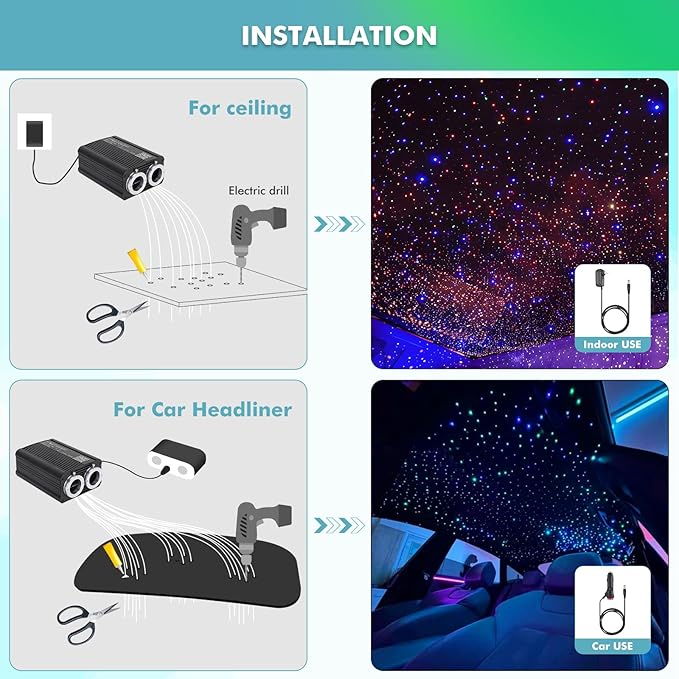 Twinkle Starlight Headliner Kit, Dual-Head 800pcs 0.03in 9.8ft Fiber Optic Light Music Sync Remote Control for Car Home Ceiling Star Lights