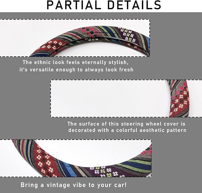 Boho Steering Wheel Cover, 15.0"×15.0" Anti-Slip Baja Blanket Ethnic Steering Wheel Protector, Breathable Flax Cloth Elastic Bohemian Steering Wheel Cover, Car Accessories (Style F)