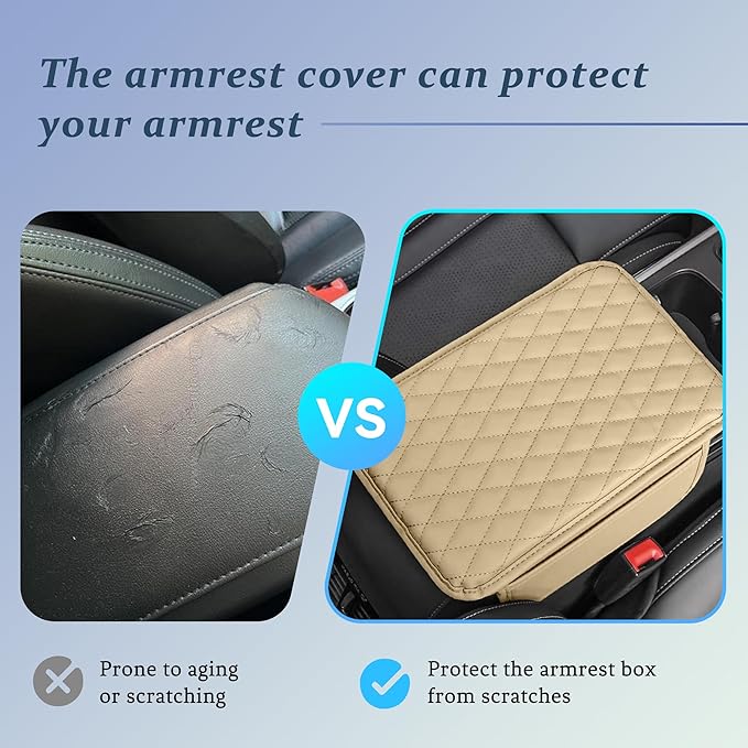 Car Center Console Cover, Universal Center Console Protector Pad with Soft Microfiber Leather & 2 Storage Pockets, Non-Slip Cushion for Car SUV Truck Interior Accessories (Beige)