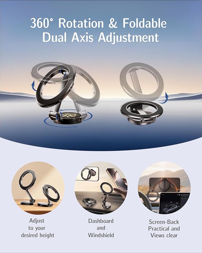 AAF for MagSafe Car Mount, Ultra-Strong Magnetic Phone Holder for Car &Bed &Desk Compact Dashboard Windshield, All Metal 360°Free Rotation [One-Hand Adjustable] Foldable, Easy Setup for iPhone Android