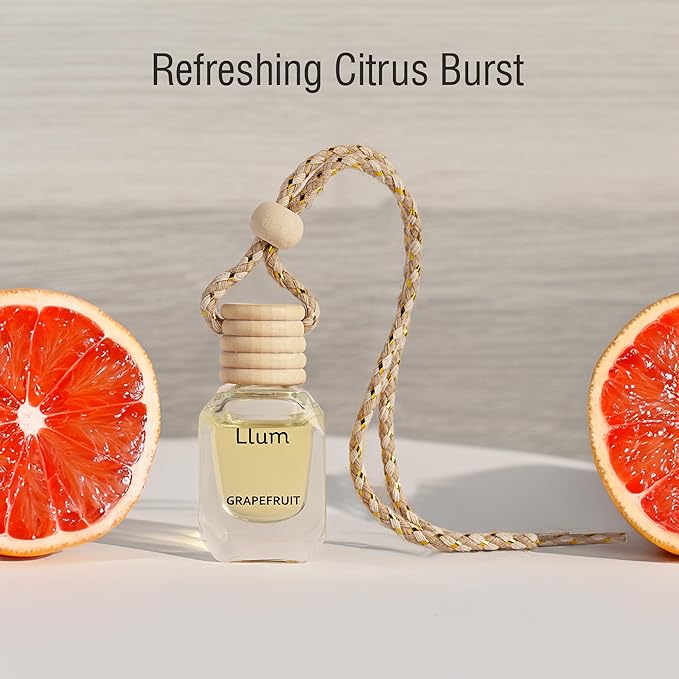 Llum Grapefruit Hanging Car Air Freshener – Luxury Automotive Perfume Diffuser 10ml (0.34 fl oz), Long-Lasting Fragrance, Alcohol-Free Non-Toxic Car Scent, Glass Bottle With Wood Cap & AC Vent Clip