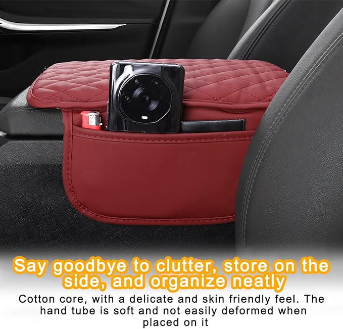 Mandark Car Center Console Cover, Microfiber Leather Vehicle Armrest Protector Cushion with 2 Storage Bags, Auto Interior Arm Rest Seat Box Pad Accessories, Universal for SUV, Sedan, Truck (Wine Red)