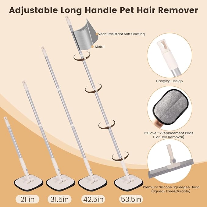 Pet Hair Remover for Cat & Dog, Reusable Pet Hair Removal Tool with Adjustable Long Handle for Pet Fur on Carpet Stair Couch, Electrostatic Carpet Rake Brush Squeegee for Floor & Glove 3 in 1