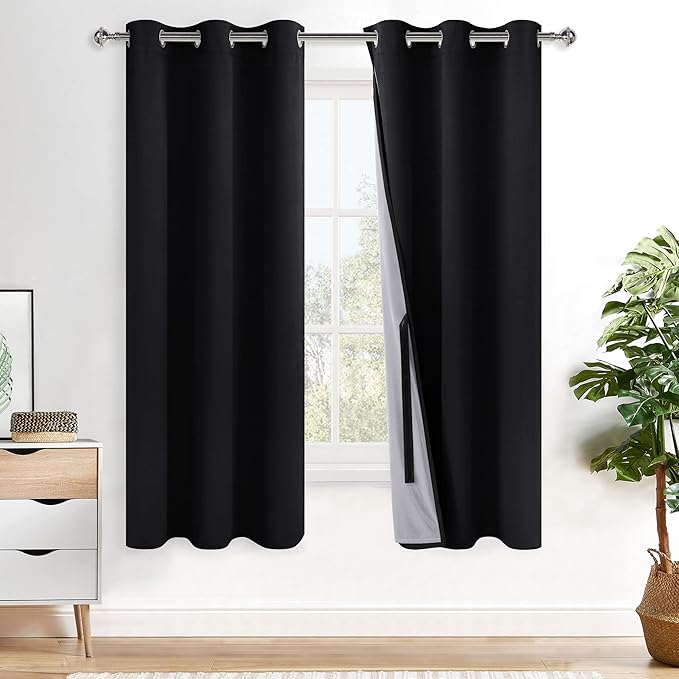 XWZO Complete Blackout Shades Window Curtain Panels with Tiebacks- Noise Reduction and Light Blocking Grommet Curtains with Black Liner for Studio, Basement Room, Black, W42 x L72, Set of 2