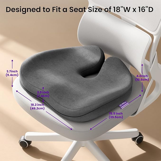 Seat Cushions for Office Chairs, Car Seat - Patented Coccyx Cushion for Tailbone Pain - Memory Foam Butt Cushion for Pressure Relief - Carry Handle & Non Slip Bottom (Grey)